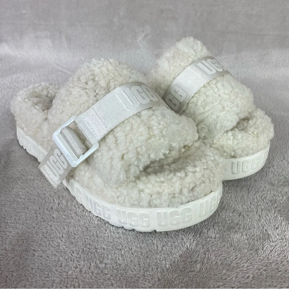 UGG Fluffita Flatform Womens Slide Slipper 8 White Sheepskin Platform Sandal NEW